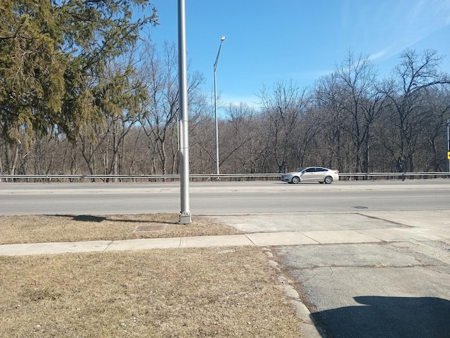 view of road featuring street lighting, sidewalks, and a view of trees