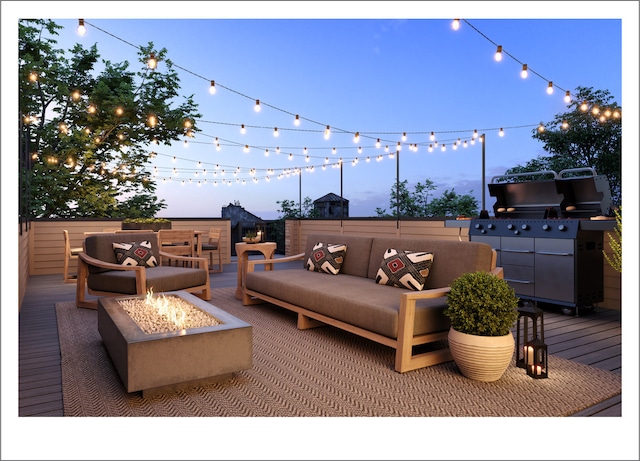 view of patio featuring a deck, area for grilling, and an outdoor living space with a fire pit