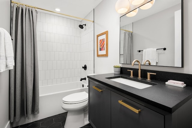 full bathroom with shower / tub combo, vanity, toilet, and tile patterned floors