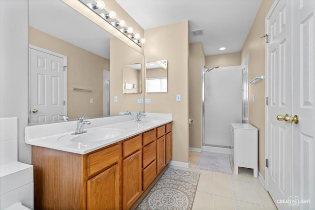 full bath featuring a shower stall, visible vents, and a sink