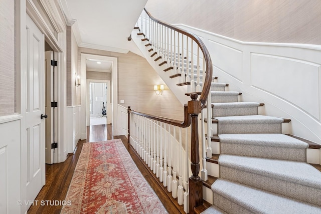 stairs featuring a wainscoted wall, wood finished floors, crown molding, and a decorative wall