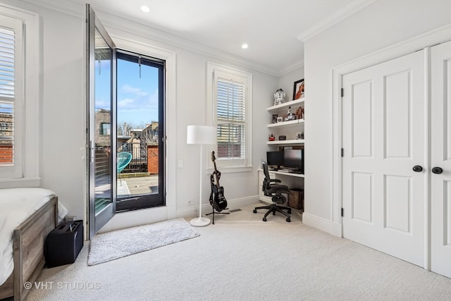 carpeted office featuring recessed lighting, baseboards, and ornamental molding