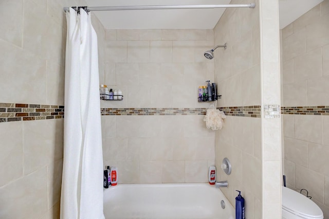 full bath with shower / bath combination with curtain and toilet