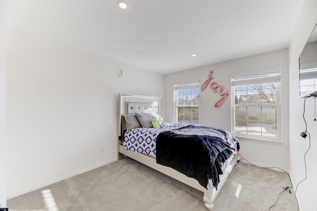 bedroom featuring carpet floors, baseboards, and recessed lighting