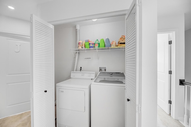 washroom featuring washer and dryer, laundry area, and recessed lighting