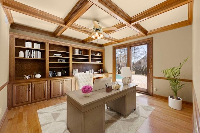 home office with light wood-type flooring, ceiling fan, coffered ceiling, and beam ceiling