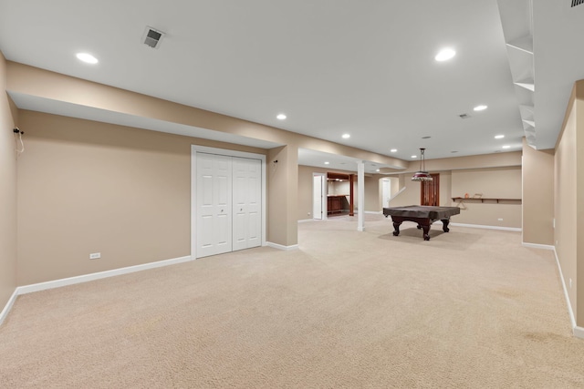 rec room featuring recessed lighting, light colored carpet, and baseboards