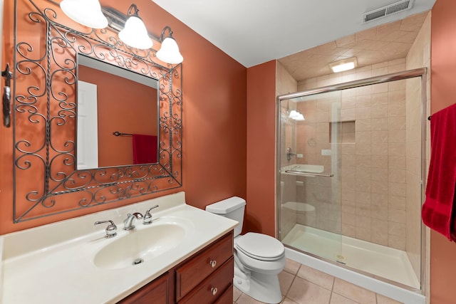 bathroom with visible vents, toilet, vanity, a shower stall, and tile patterned floors