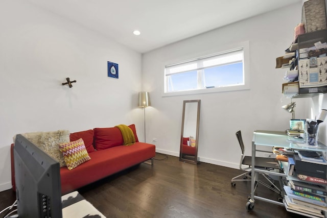 office space featuring recessed lighting, wood finished floors, and baseboards