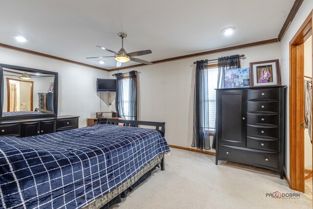 bedroom featuring light carpet, ornamental molding, and multiple windows