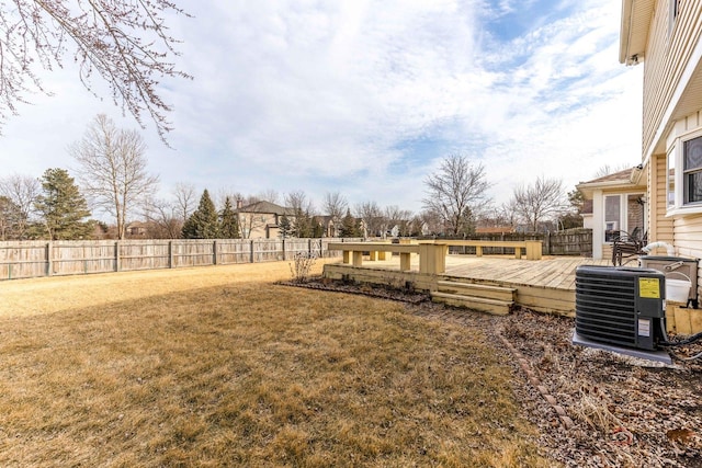 view of yard featuring central AC, a fenced backyard, and a wooden deck