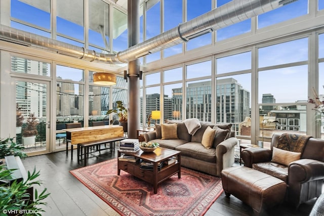 sunroom with a city view