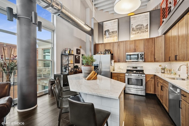 kitchen with appliances with stainless steel finishes, a sink, a high ceiling, and dark wood-style floors