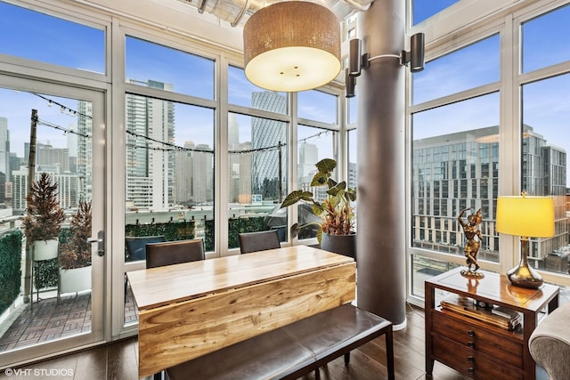 sunroom with a city view