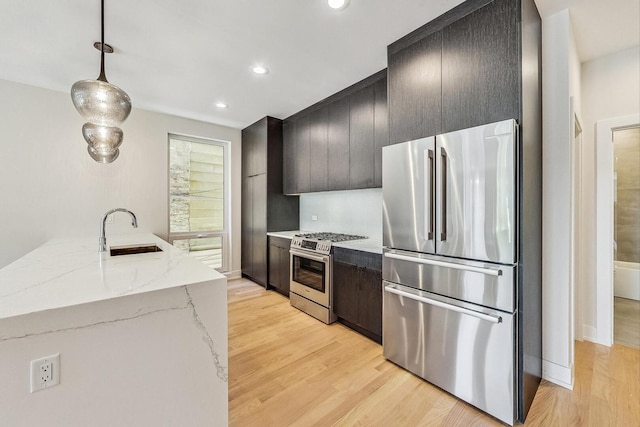 kitchen with light wood finished floors, appliances with stainless steel finishes, a sink, and dark cabinetry