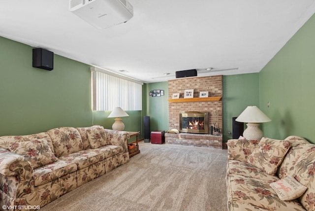 carpeted living room with a fireplace