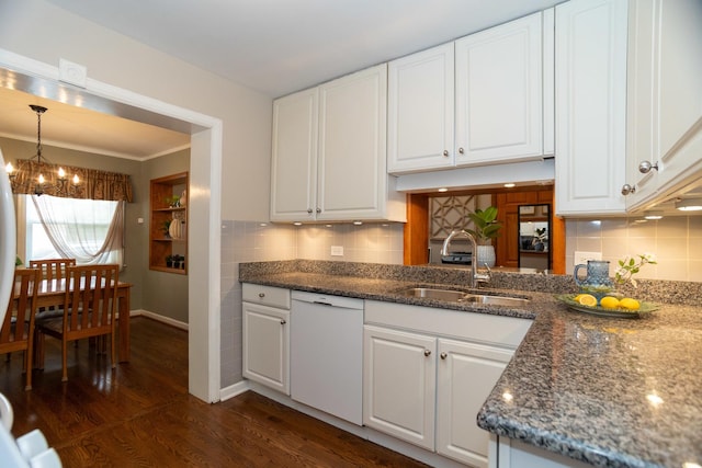 4128 N Plainfield Ave, Chicago, IL 60634 - kitchen featuring white dishwasher, a sink, a chandelier, white cabinets, and dark wood-style flooring