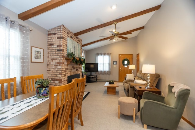 4128 N Plainfield Ave, Chicago, IL 60634 - carpeted dining room featuring a ceiling fan, a fireplace, and a baseboard heating unit