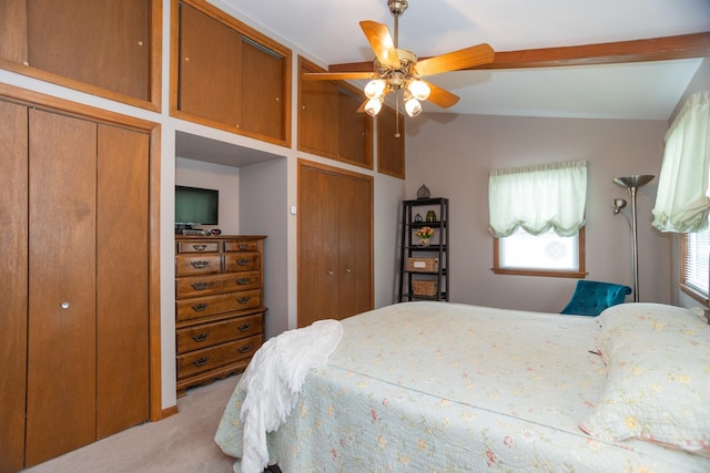 4128 N Plainfield Ave, Chicago, IL 60634 - bedroom with two closets, carpet, vaulted ceiling, and a ceiling fan
