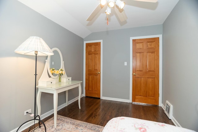 4128 N Plainfield Ave, Chicago, IL 60634 - bedroom with wood finished floors, baseboards, vaulted ceiling, and ceiling fan