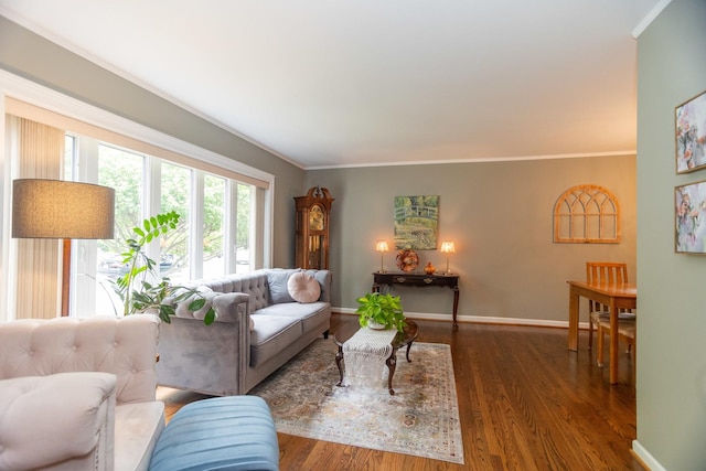 4128 N Plainfield Ave, Chicago, IL 60634 - living room featuring ornamental molding, wood finished floors, and baseboards