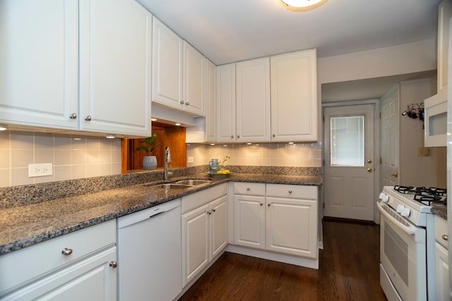 4128 N Plainfield Ave, Chicago, IL 60634 - kitchen with a sink, white appliances, dark wood-style flooring, and white cabinetry