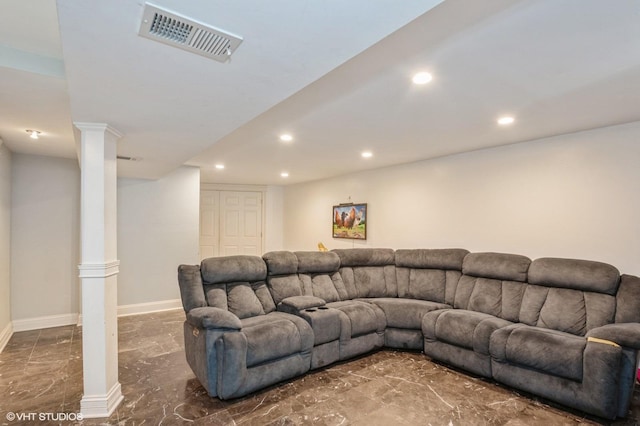 living area with recessed lighting, visible vents, decorative columns, and baseboards