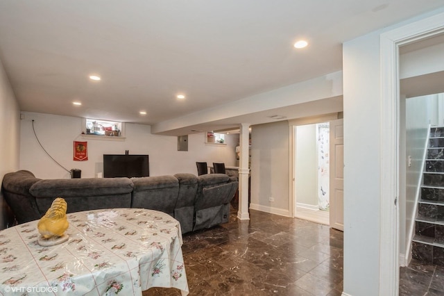 dining room with baseboards, marble finish floor, and recessed lighting