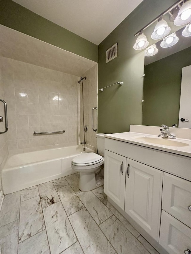 full bath with shower / bathtub combination, toilet, marble finish floor, and visible vents
