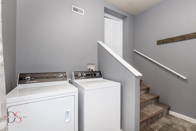 laundry room featuring laundry area, washer and clothes dryer, visible vents, and baseboards