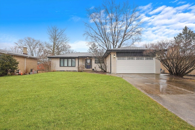 mid-century inspired home featuring an attached garage, concrete driveway, brick siding, and a front yard