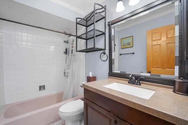 bathroom featuring ornamental molding, vanity, toilet, and shower / bathtub combination with curtain