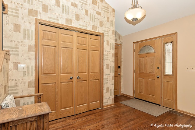 entrance foyer featuring vaulted ceiling, baseboards, and wood finished floors