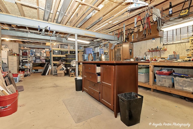 unfinished basement with a workshop area