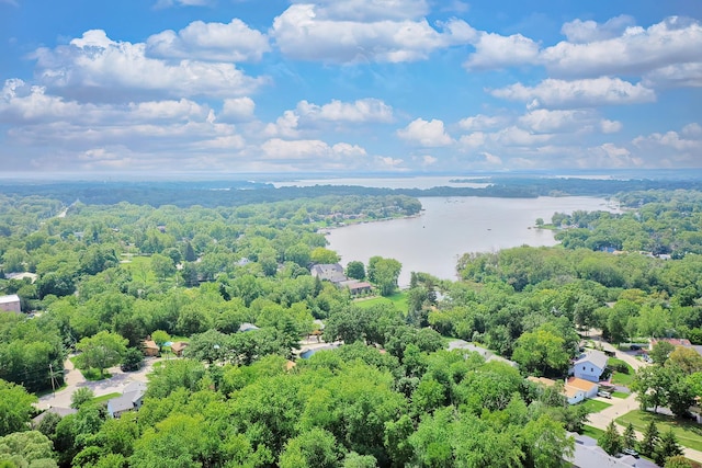 birds eye view of property with a forest view and a water view