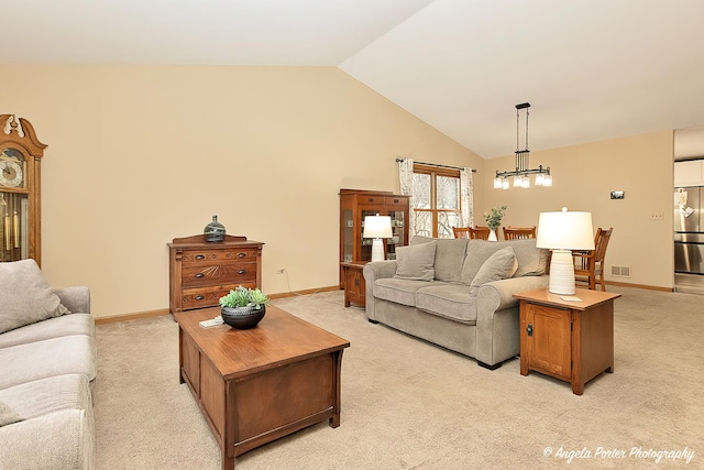 living area with lofted ceiling, visible vents, light carpet, a chandelier, and baseboards