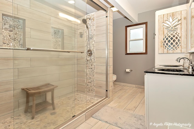 full bathroom with toilet, a stall shower, wood tiled floor, and vanity