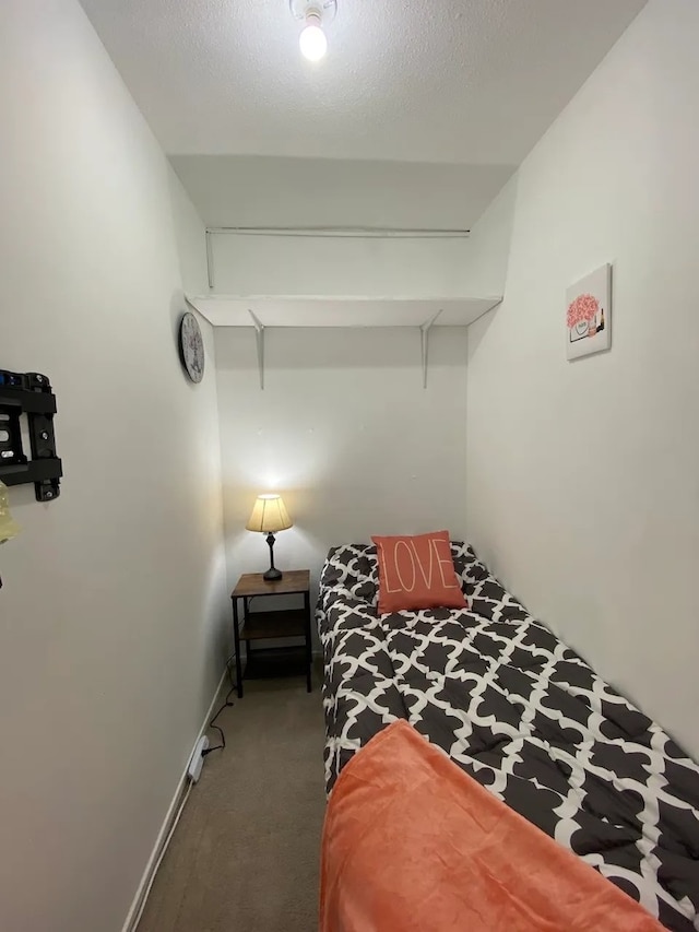 bedroom featuring baseboards, carpet floors, and a textured ceiling