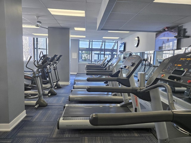 exercise room with a drop ceiling, baseboards, and carpet flooring