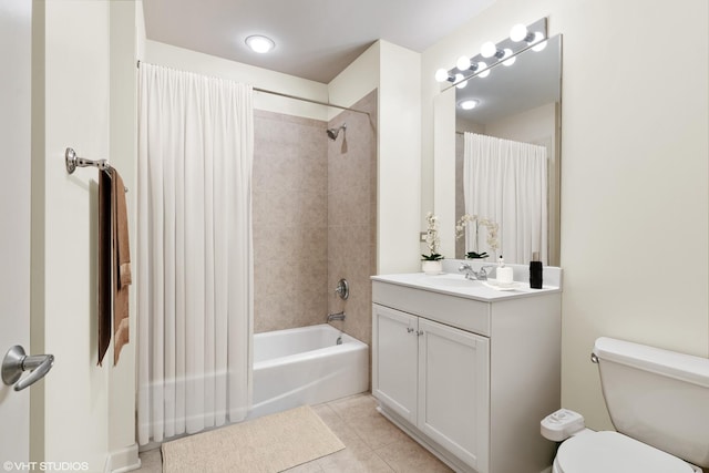 bathroom featuring toilet, tile patterned flooring, shower / bathtub combination with curtain, and vanity