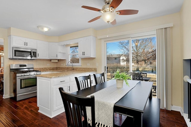 kitchen featuring baseboards, white cabinets, appliances with stainless steel finishes, dark wood-style flooring, and backsplash