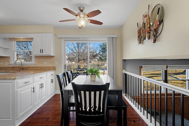 dining space with a ceiling fan, a healthy amount of sunlight, dark wood finished floors, and baseboards