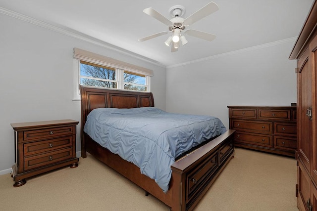 bedroom featuring light colored carpet, crown molding, baseboards, and ceiling fan