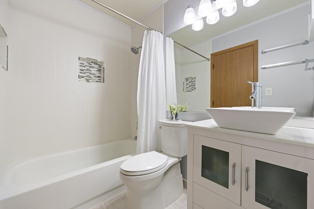 bathroom featuring shower / bath combination with curtain, vanity, and toilet