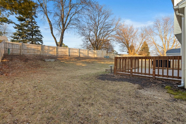 view of yard featuring a fenced backyard and a wooden deck