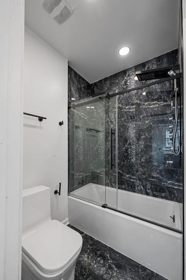 full bath featuring visible vents, toilet, marble finish floor, combined bath / shower with glass door, and recessed lighting