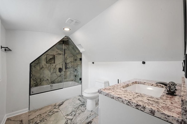 bathroom featuring lofted ceiling, toilet, visible vents, marble finish floor, and combined bath / shower with glass door