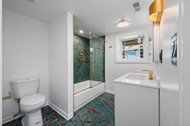 full bathroom featuring toilet, baseboards, visible vents, and combined bath / shower with glass door