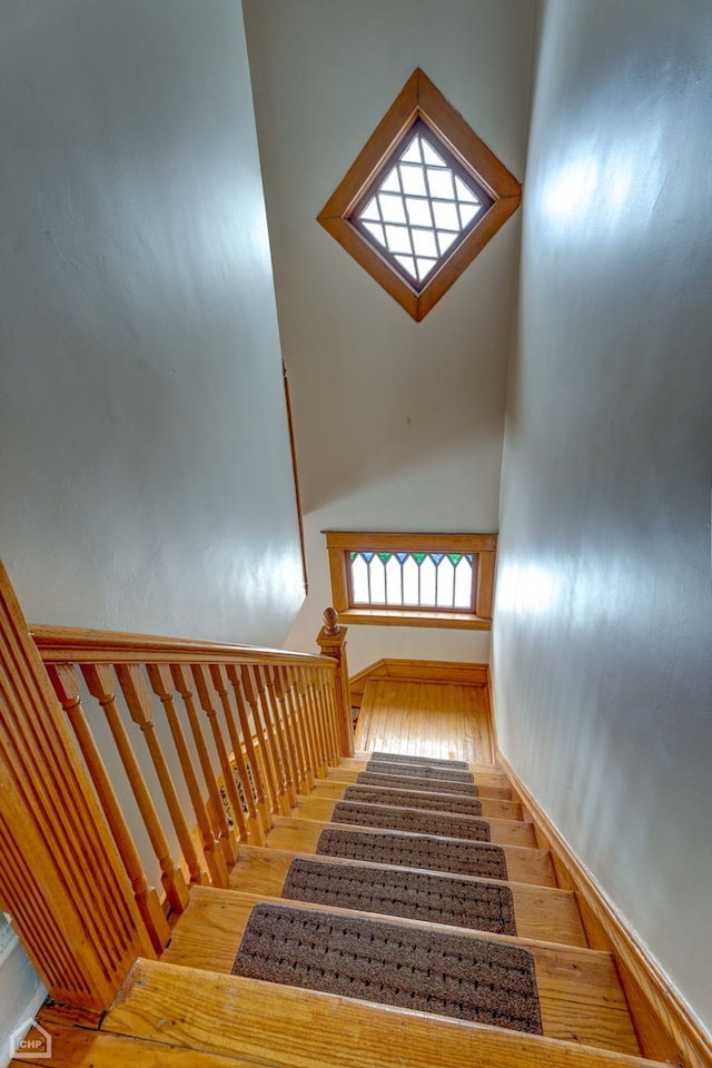 staircase featuring a high ceiling and wood finished floors