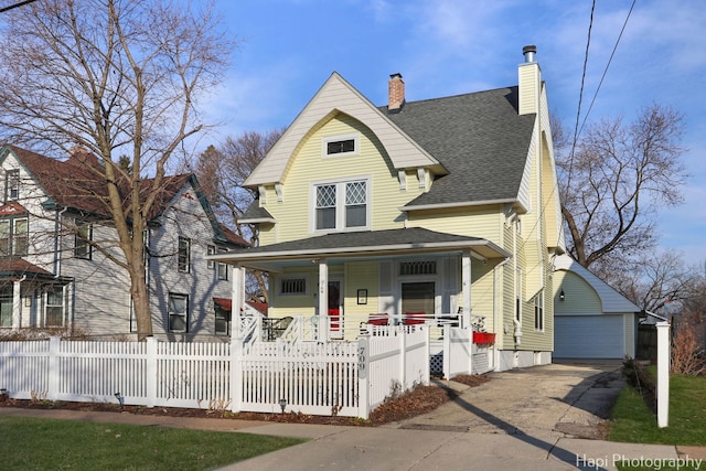 view of front of home with a shingled roof, a fenced front yard, a detached garage, covered porch, and an outdoor structure